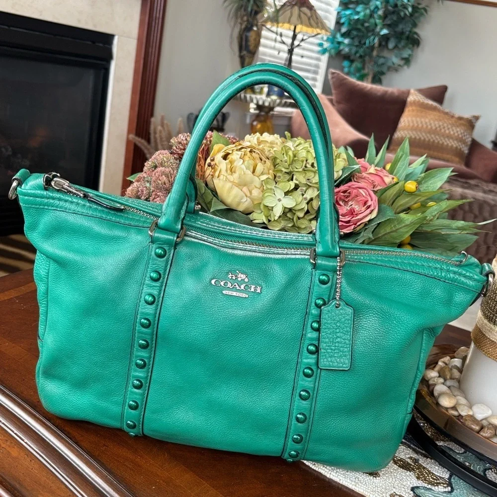 Coach Green Leather Handbag Central Satchel Rivet Leaf Enamel Studded